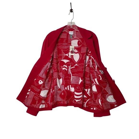NWT Chicos Red Canvas Blazer Jacket Women’s Size 3/XL Fun Fish Print Lining - Picture 1 of 7